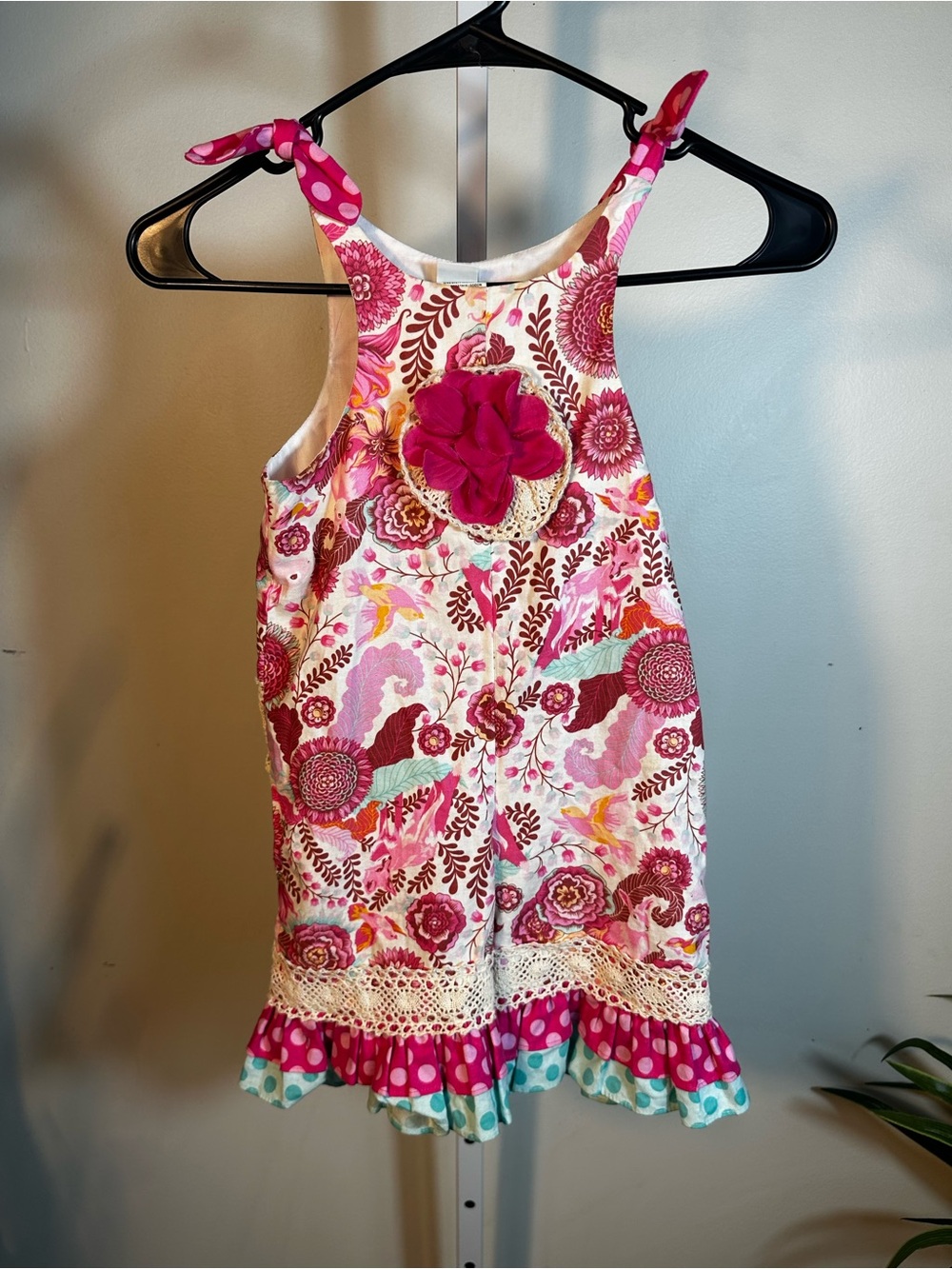 A26. Peaches n Cream- Girls Floral Tie-Shoulder Romper with Ruffle Hem